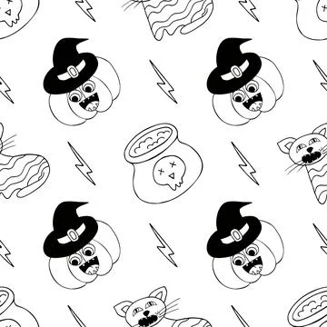 Halloween Monochrome pattern in hand draw style Stock Illustration