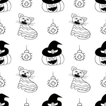 Halloween Monochrome pattern in hand draw style Stock Illustration