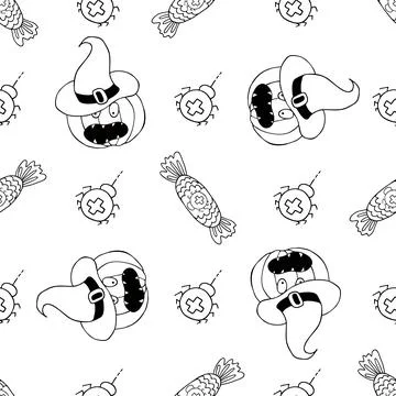 Halloween Monochrome pattern in hand draw style Stock Illustration