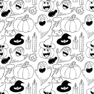 Halloween Monochrome pattern in hand draw style Stock Illustration
