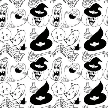 Halloween Monochrome pattern in hand draw style 스톡 일러스트