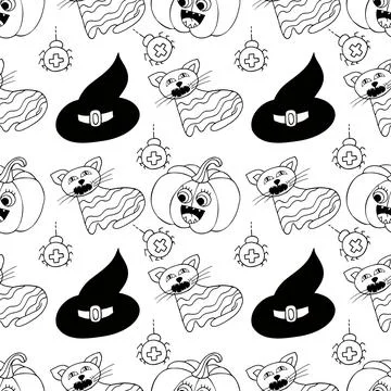 Halloween Monochrome pattern in hand draw style Stock Illustration