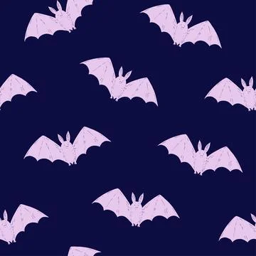 Halloween monochrome seamless pattern with simple cute bat silhouettes. Hand Stock Illustration