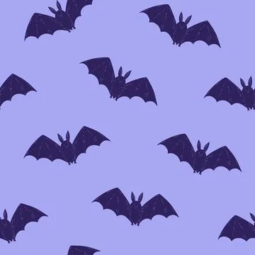 Halloween monochrome seamless pattern with simple cute bat silhouettes. Hand Stock Illustration