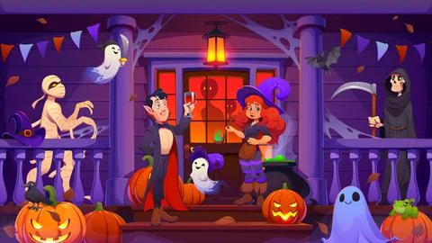Halloween monsters on house porch with pumpkins Stock Illustration