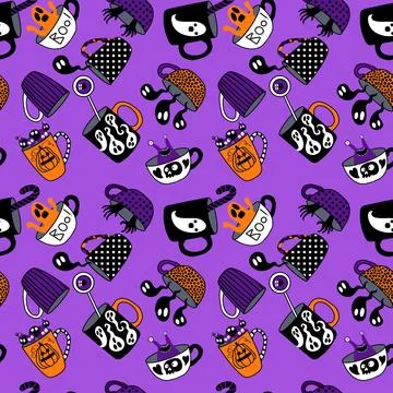 Halloween monsters seamless cups with ghost and skulls and candy pattern Stock Illustration