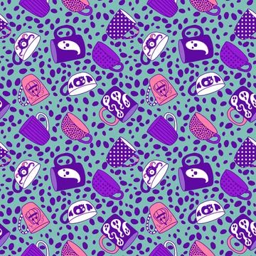 Halloween monsters seamless cups with ghost and skulls and candy pattern Stock Illustration