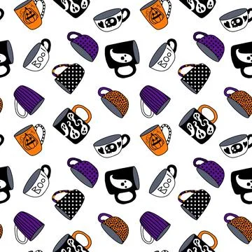 Halloween monsters seamless cups with ghost and skulls and candy pattern Stock Illustration