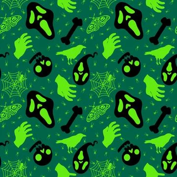 Halloween monsters seamless ghost and bones and web pattern for wrapping Stock Illustration