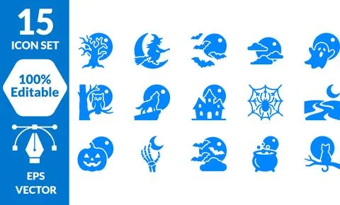 Halloween Moon Icon Bundle with Spooky Witch Ghost Haunted House and Wolf V.. Stock Illustration