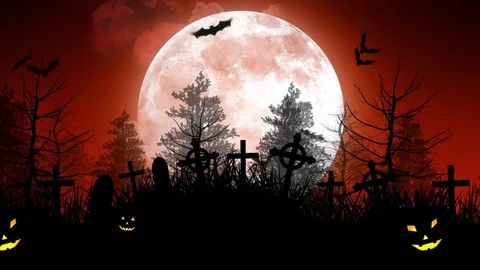 Halloween Moon Over Cemetery in Red Sky Stock Footage 79791908