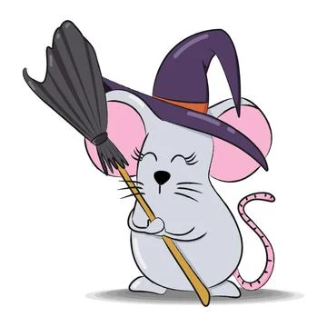 Halloween mouse with witch hat and broom. Isolated on white background. Stock Illustration
