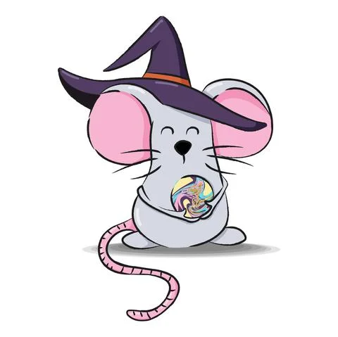 Halloween mouse with witch hat and magic ball. Isolated on white background. Stock Illustration
