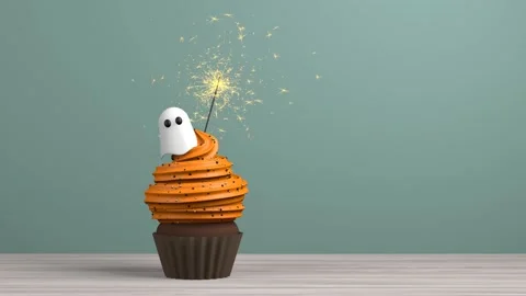 A Halloween muffin with a ghost 3D 4K looped animation with copy space Stock Footage 219997293