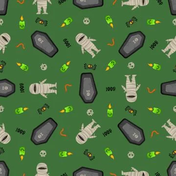 Halloween mummy vector pattern. Cartoon style. Kawaii character. Stock Illustration