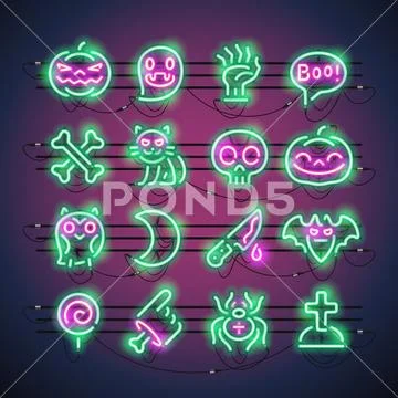 Halloween Neon Icons Stock Illustrationen