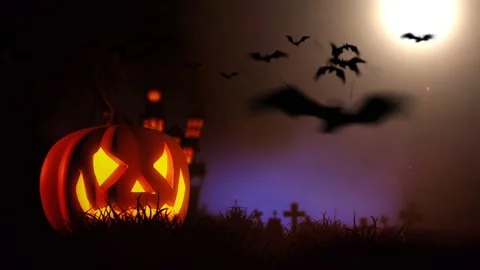 Halloween Night Background 4K Animation. Pumpkin and flying Bats Halloween Ni Stock Footage