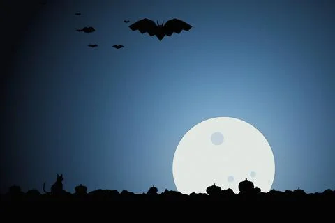 Halloween night background with black cat, pumpkins silhouette, flying bats.. Ilustração Stock