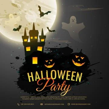 Halloween night background with creepy castle, ghost, pumpkin and flying bats Stock Illustration