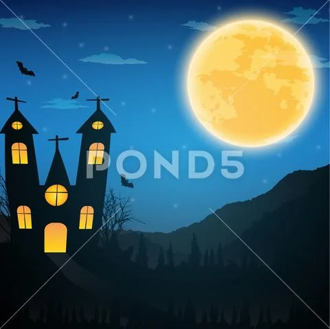Halloween night background with naked trees, bat haunted house and full moon Stock Illustration
