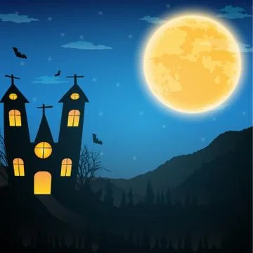 Halloween night background with naked trees, bat haunted house and full moon Stock Illustration