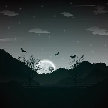 Halloween night background with naked trees, bat and full moon Stock Illustration