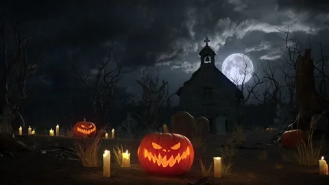 Halloween Night background with pumpkins, graves on ground with full moon sky. 스톡 동영상 137132292