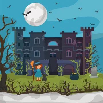 Halloween night background, vector illustration. Dark castle design and scary Stock Illustration