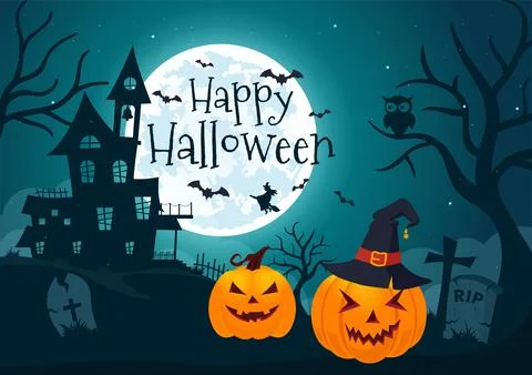 Halloween Night Background Vector Illustration with Pumpkins on the Moonlig.. Illustrazione stock