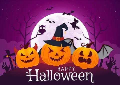 Halloween Night Background Vector Illustration with Pumpkins on the Moonlig.. Stock Illustration