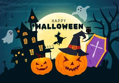 Halloween Night Background Vector Illustration with Pumpkins on the Moonlig.. Stock Illustration