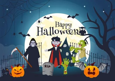 Halloween Night Background Vector Illustration with Pumpkins on the Moonlig.. Illustrazione stock