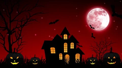 Halloween Night Castle in Red Background Stock Footage 79791750