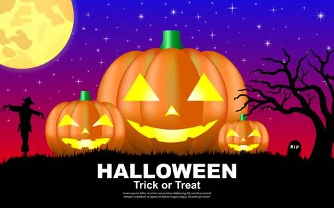 Halloween night moon composition with glowing pumpkins, antique castle and .. Ilustração Stock