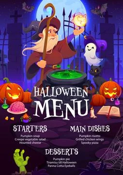 Halloween night party menu, wizard and pumpkins Stock-Illustration