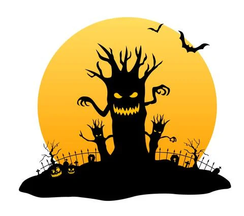 Halloween night with scary tree. Element for banner, greeting card. Illustrazione stock
