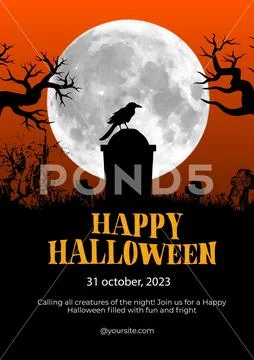 Halloween night scene with full moon, crow, grave, spooky trees PSD-sjabloon