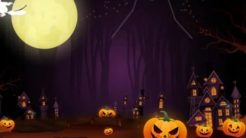 Halloween night scene with pumpkins, witch, and moon. Stock Footage 318467331