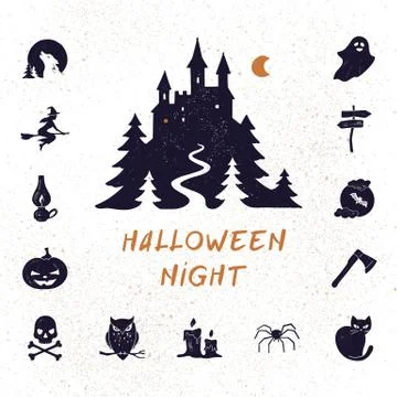 Halloween night vector set of modern simple retro-style icons for decoration and Stock Illustration