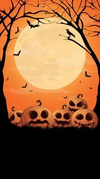 Halloween night vertical background with full moon, silhouette dead trees, .. Stock Illustration