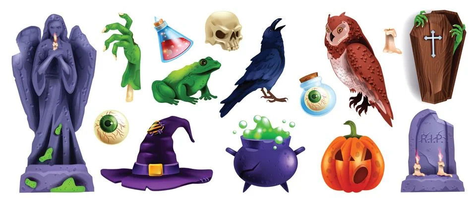 Halloween object sticker set, stone tombstone, vector spooky party badge kit Stock Illustration