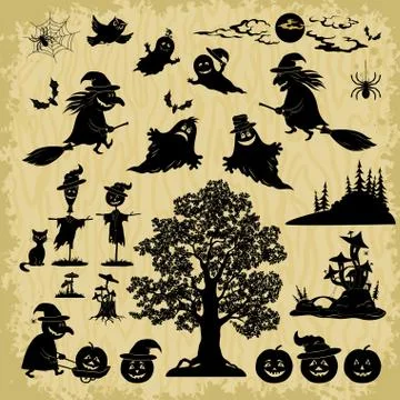 Halloween Objects and Subjects Silhouettes Stock Illustration