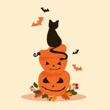 Halloween objects - black cat sits on pumpkins Stock Illustration