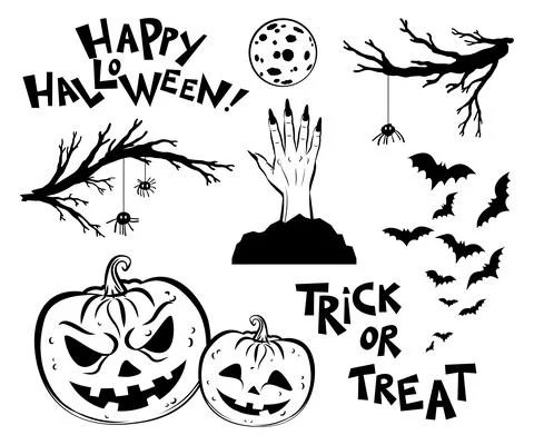Halloween objects. Scary tree twigs, bats, pumpkin lanterns, moon Stock Illustration