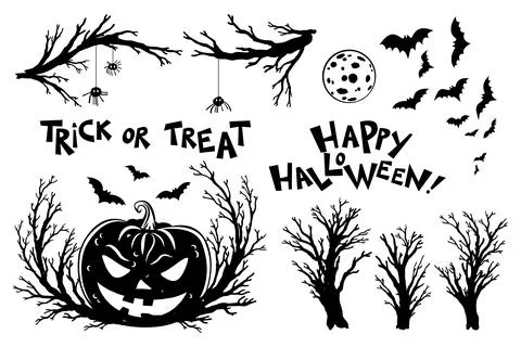 Halloween objects. Scary tree twigs, bats, pumpkin lanterns  and moon Stock Illustration