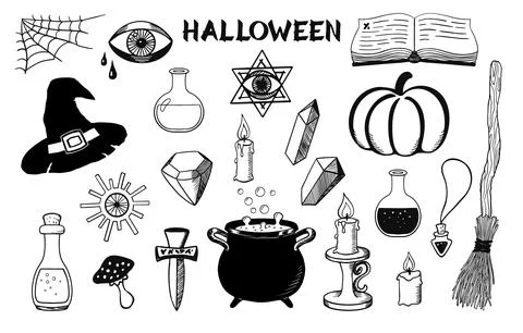 Halloween objects set. Magical hand drawn symbols. Witch cauldron, hat, bro.. 스톡 일러스트