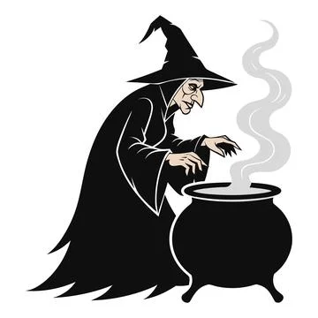 Halloween old witch brewing magic potion in cauldron vector Stock Illustration
