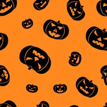 Halloween orange background with angry faces pumpkins silhouettes festive sea Stock Illustration