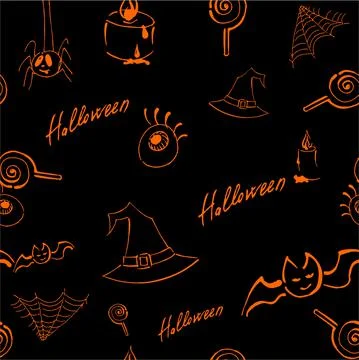 Halloween orange festive template. Endless background with candles, bat Stock Illustration