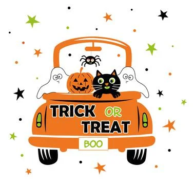 Halloween Orange truck pattern with different cute characters Stock Illustration